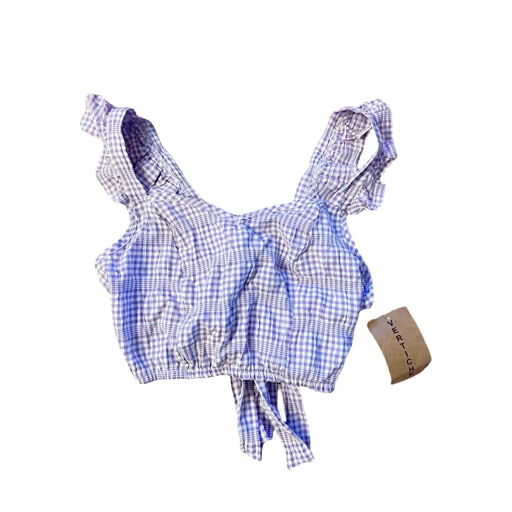 NWT Women S Vertiche Gingham Check Purple Tie Open Bow Back Crop Tank Top